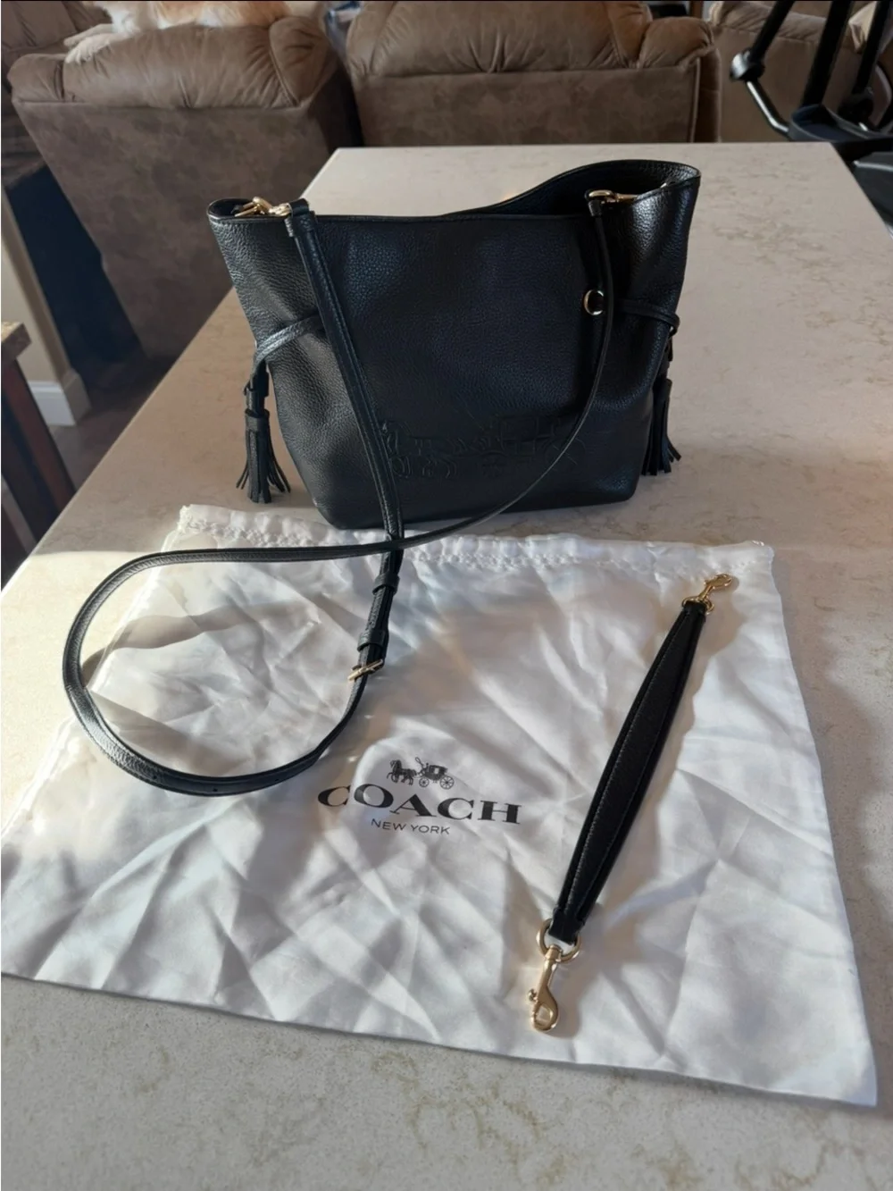 Coach Black Pebbled Leather Shoulder Tote with Tassels and Gold Hardware